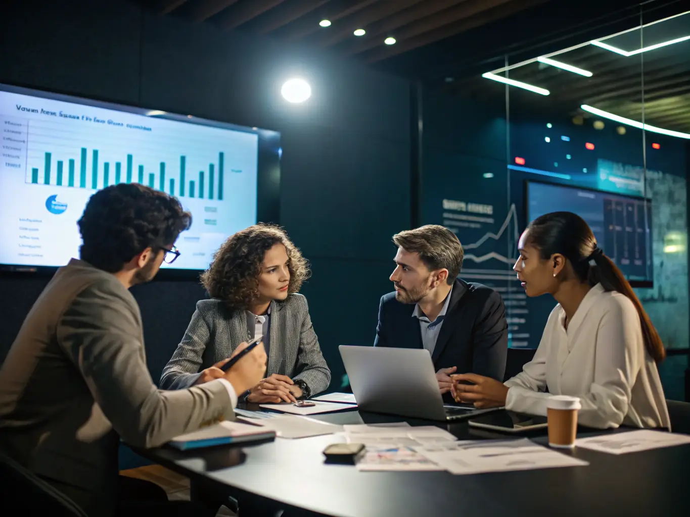 A dynamic image depicting a group of individuals engaged in a strategic planning session, symbolizing the 'Estrategia y Táctica' module. The setting is a modern, high-tech boardroom with participants actively discussing and analyzing data on large screens.