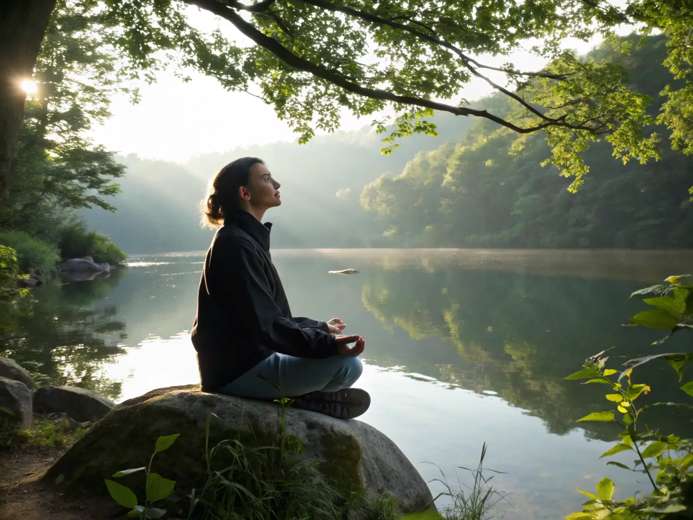 A person is shown meditating in a serene environment, highlighting mental resilience and focus amidst chaos, symbolizing the ability to remain calm and composed under pressure.