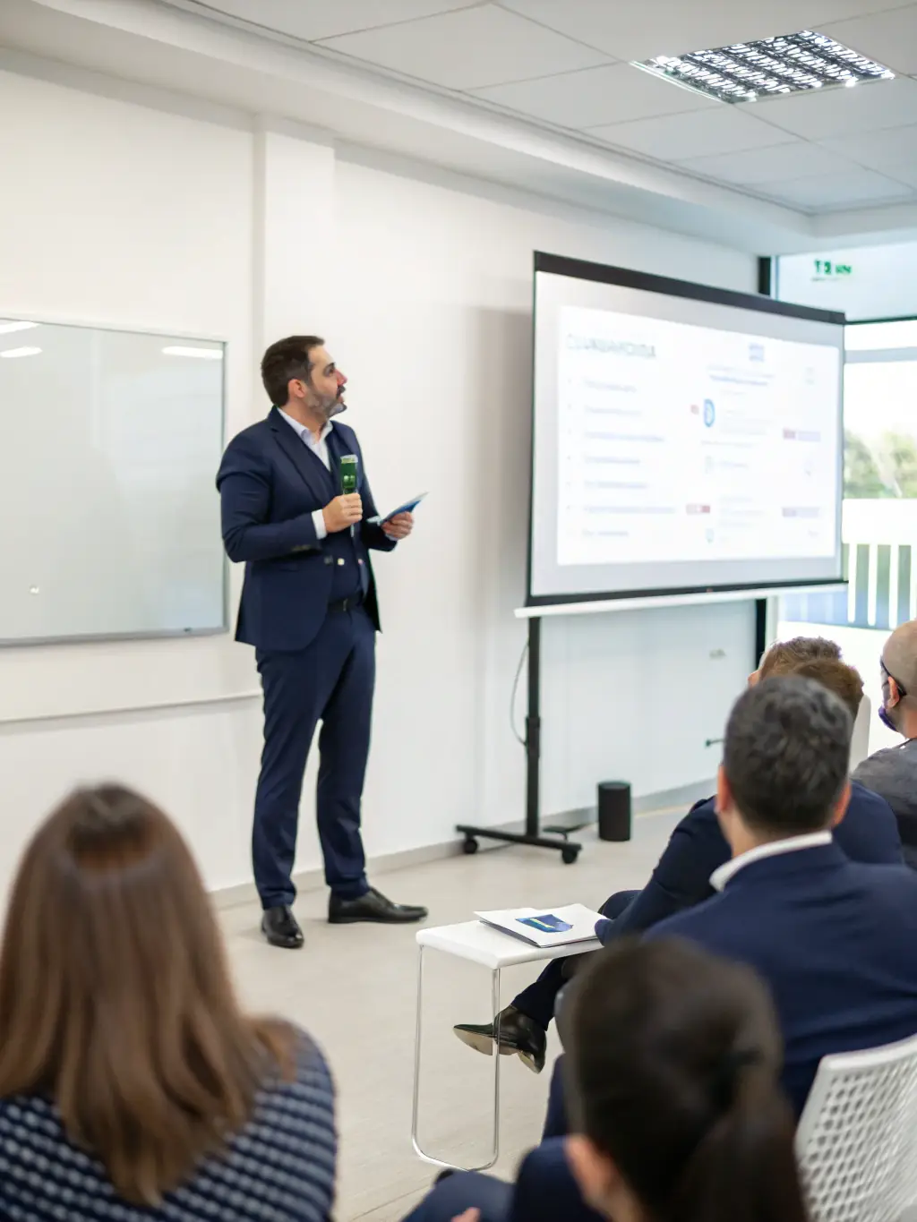 A professional in a suit confidently addressing a boardroom, showcasing improved leadership presence after Dominum training.