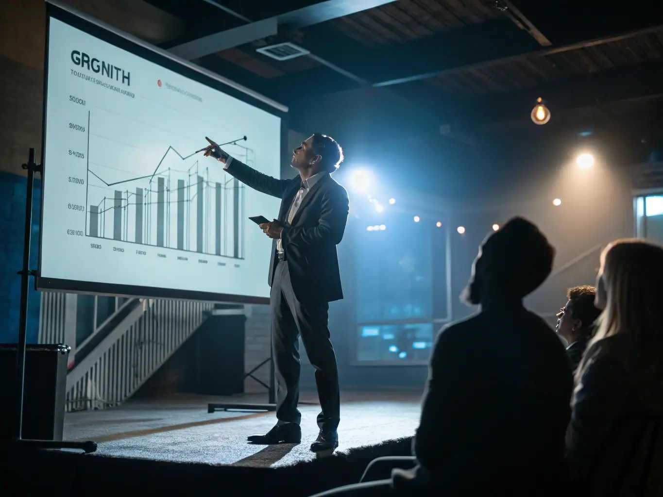 A determined individual is depicted in a high-pressure business meeting, confidently presenting a strategic plan with clear, concise communication, showcasing the power of effective leadership.