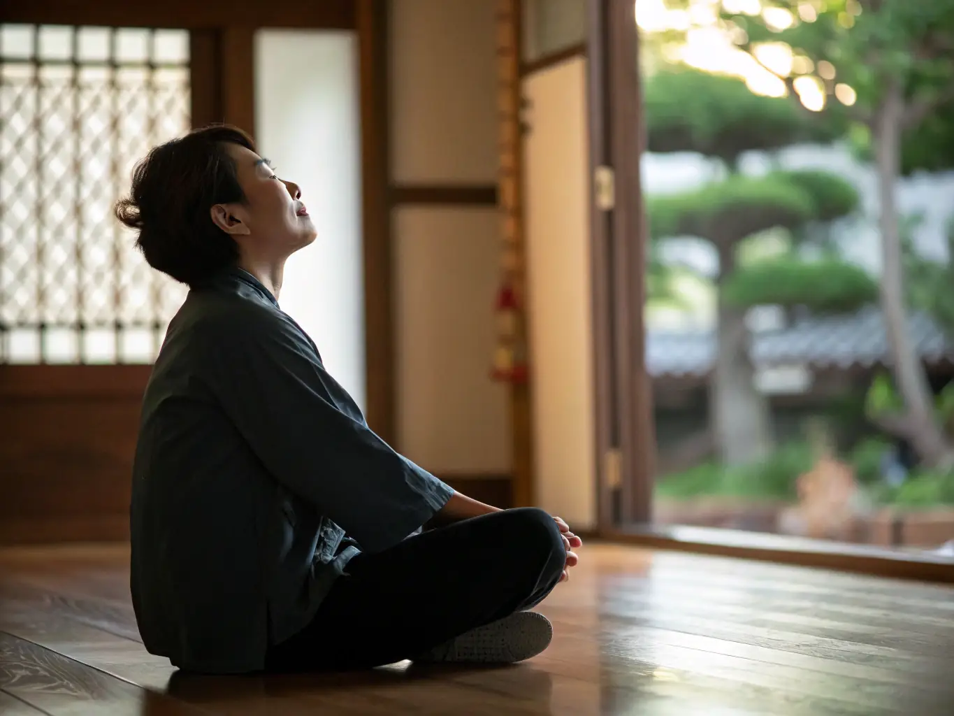 An image showing a person meditating in a stressful environment, representing the 'Resiliencia Psicológica' module. The individual is surrounded by blurred figures symbolizing external pressures, yet maintains a calm and focused demeanor.
