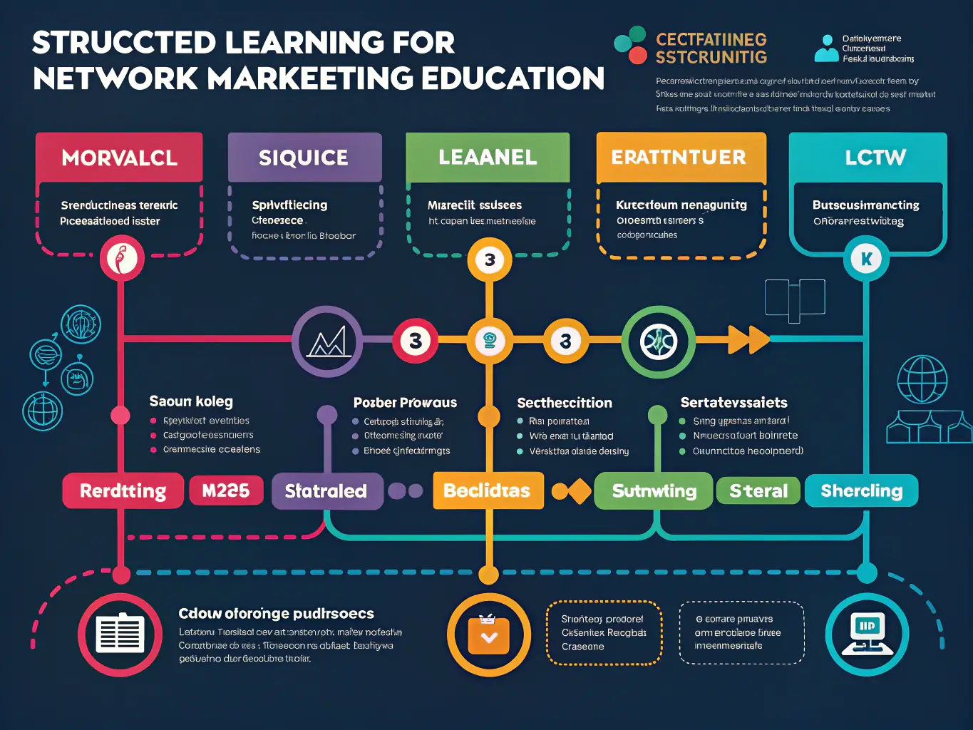 A dynamic image showcasing a network diagram representing the interconnected modules of the Dominum program, highlighting the flow of knowledge and skill development.