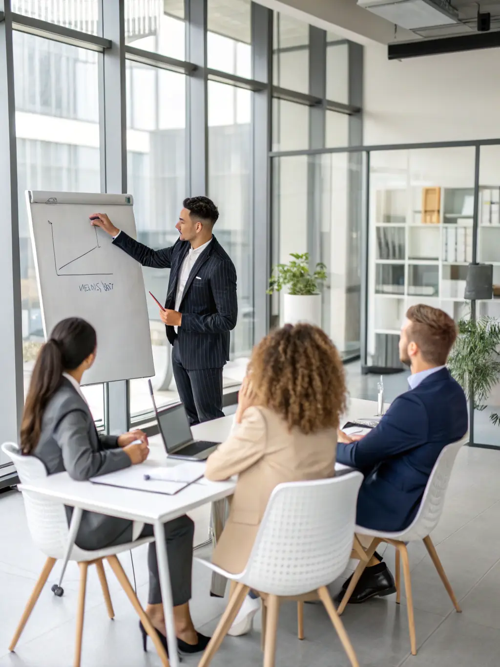 Image of a person confidently addressing a boardroom, representing the communication mastery module of the Dominum program.