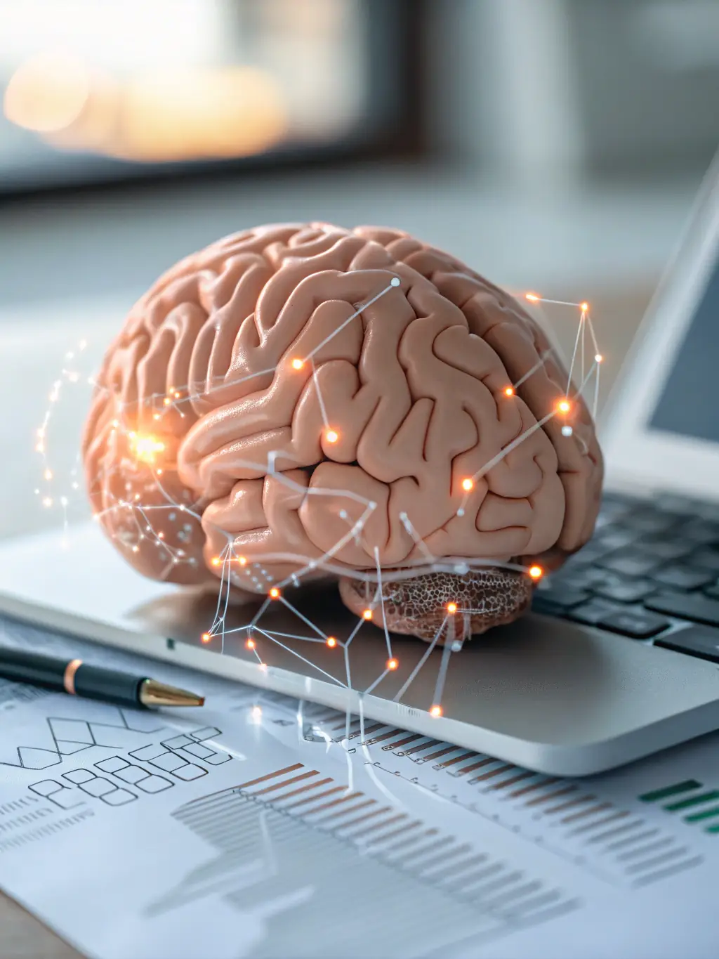 A close-up shot of a brain with interconnected nodes, symbolizing the cognitive enhancement module of the Dominum program.